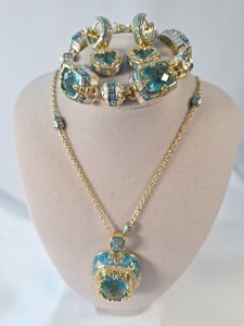 Authentic Lauren G Adams Aqua Blue Enamel Gold Plated Moroccan Necklace Bracelet & Earring