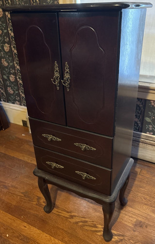 Queen Anne style jewelry armoire with cherry finish
