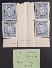 1937 Australia Ash Imp Blk 4x3d Blue KGV1 Stamps P13 1/2X14 Die 1 MUH $500.00