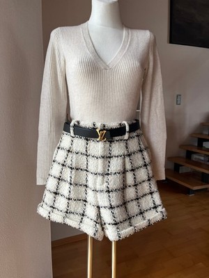 Anine Bing Boucle Shorts Tweed highwaist creme beige schwarz kariert 34 XS