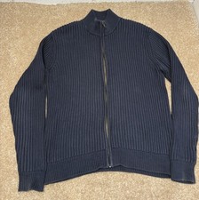 LL Bean Sweater Mens Medium Blue Full Zip Cardigan Pockets Ribbed Knit Mock Neck