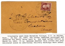 #26 Meredith Village NH (Belknap DPO) to Malden MA "Uncalled" Dead Letter Office