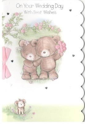 Süße Hochzeitstagskarte Teddys mit Blumen. Silberfolie Detail 13 x 19 cm