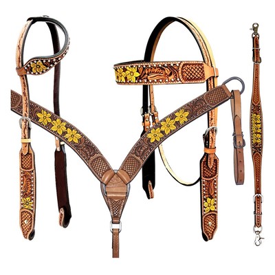 BE BAR H EQUINE Western Leather Horse Headstall & Breast Collar & Wither Strap