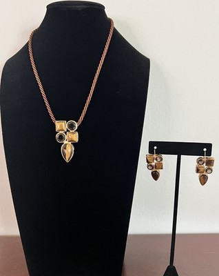 Vintage Seta Gold Tone Multi Shape Smoky Quartz Tiger's Eye Pendant 1 3/4''