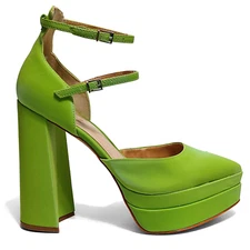 Schutz Elysee Green Double Platform Ankle Strap Pointy Toe Block Heel Dress 0442