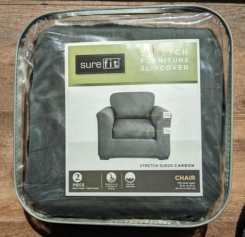 SureFit Stretch vegan Suede armchair chair Slipcover carbon gray NEW washable - Picture 2 of 2