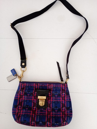 Bolso Bandolera Coach Poppy Tartán Cuadros Azul Marino y Rojo con Metálico