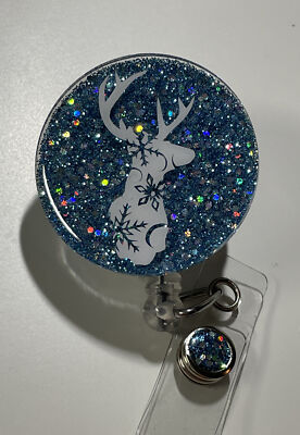 Sparkly Winter/Snow Deer Glitter Retractable Badge Reel