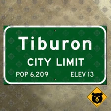 Tiburon California city limit San Francisco Bay shark 1956 road sign 21x12