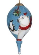 Polar Bear  Penguin Hand Painted Mouth Blown Glass Ornament w/ Box 4.75" x 2.5"