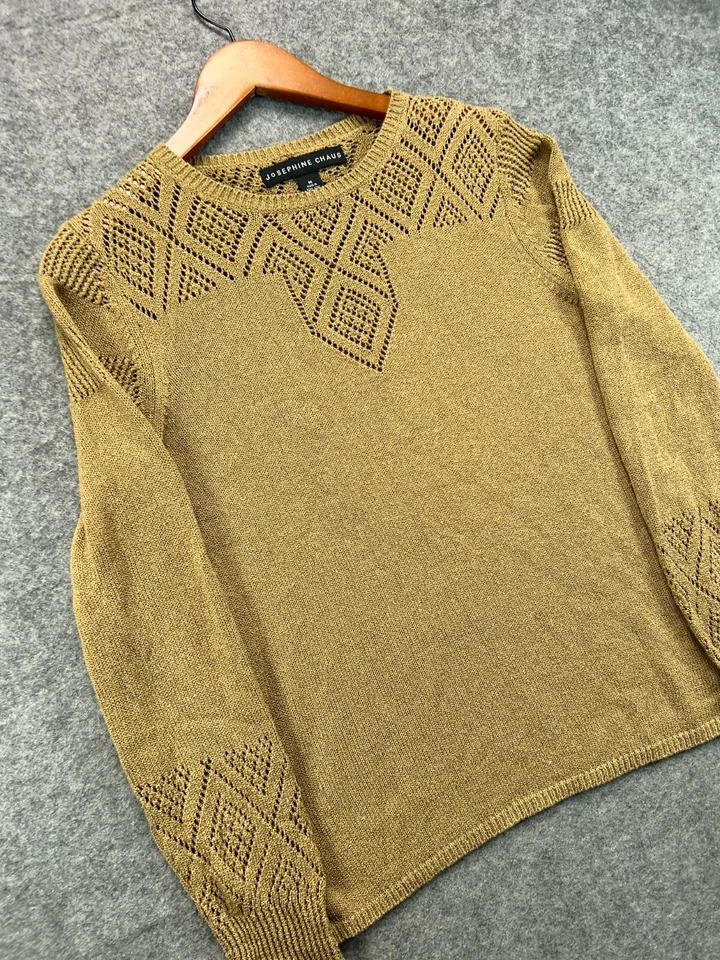 Josephine Chaus Top Blouse Womens Medium Brown Open Knit Detail Long Sleeve - Image 4 of 4