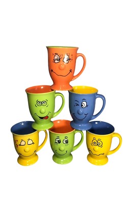 90er Retro Passatwinde bunte lustige Gesichtsausdrücke Keramik Teetassen x 6