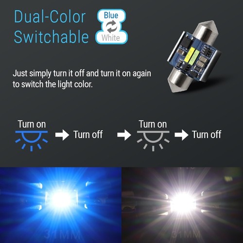 2X 31mm Dual-Color Blue & Cool White DE3157 for Map Dome Interior LED Lights - Picture 2 of 7