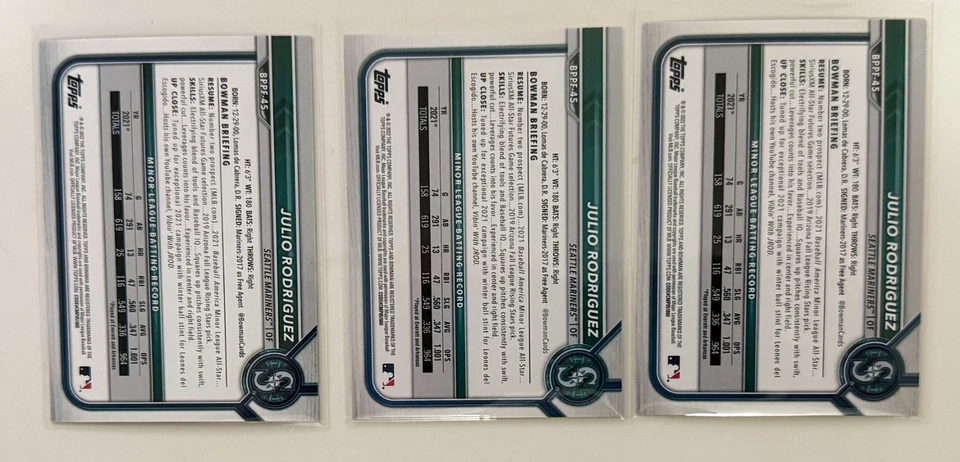 3x 2022 Bowman 1st Edition JULIO RODRIGUEZ Sky Blue Foil & Base BPPF-45 - Image 2 of 2