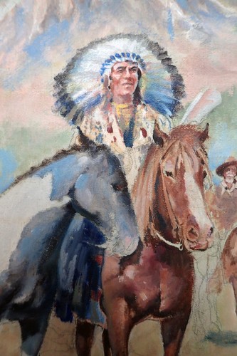 Rare Oil Painting - "Native Americans Arrive at a Military Fort in Wyoming" - Picture 13 of 20
