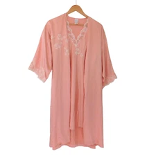 NEW Natori Peach Robe & Gown Chemise Set Mid-thigh Length Lace  Size Small