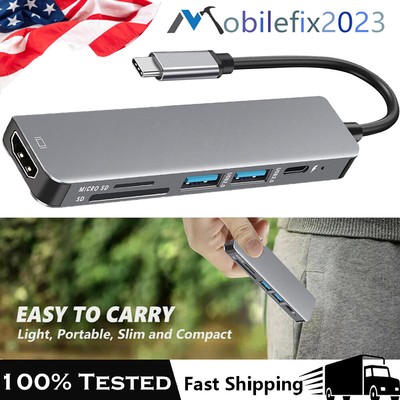 6-in-1 USB-C Type-C Hub USB 2.0 3.0 HDMI SD/TF Adapter Cable For Mac iPad Laptop