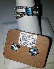  SET Genuine Blue Topaz Ring  Studs .925 Sterling Silver