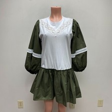 Tanya Taylor Womens Olive White Balloon Sleeve Crew Neck Kirstie Mini Dress M