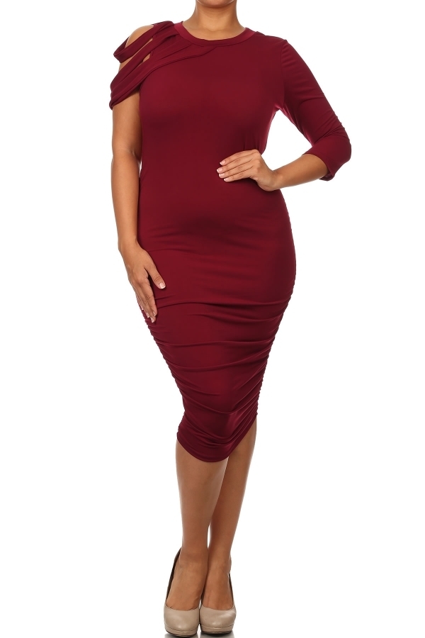 Plus Size Burgundy Maroon One Shoulder Bodycon Cocktail Midi Dress Sexy  Stretch