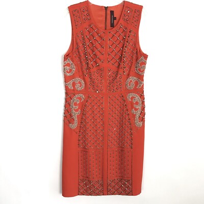 RANNA GILL Womens Orange Red Sleeveless Beaded Studded Sheath Dress Lined Size 6