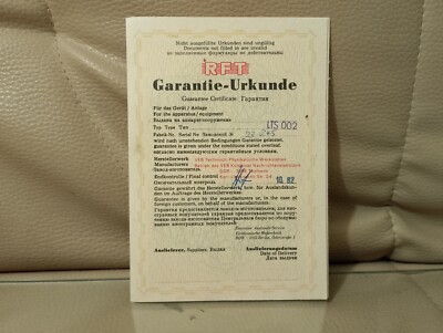 RFT LTS 002 Garantie Urkunde  1982