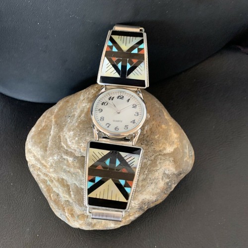 Puntas de reloj para hombre Zuni plata esterlina ónix coral turquesa puntas banda 11576 - Imagen 2 de 12
