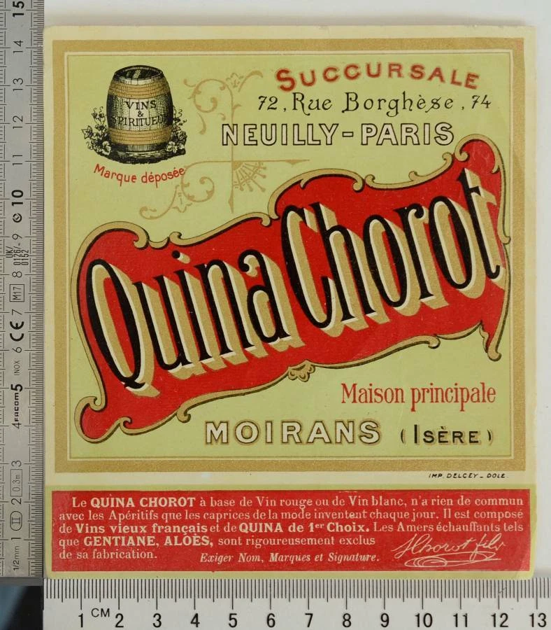 QUINA CHOROT MOIRANS NEUILLY PARIS FRANCE Unused 1940s Wine Original Old Label - Image 1 of 1