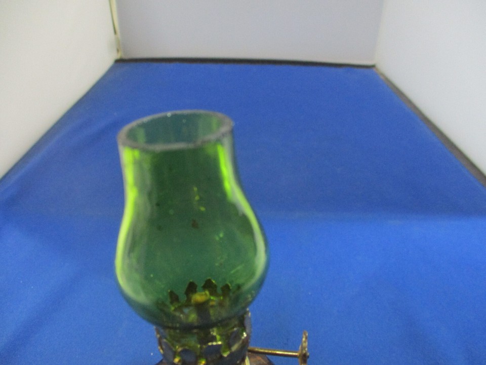 Vintage Amber Glass Mini Oil Lamp Green Chimney eBay