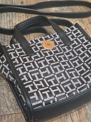 Tommy Hilfiger TH Monogram Mini Tote Crossbody Shoulder Bag Black White