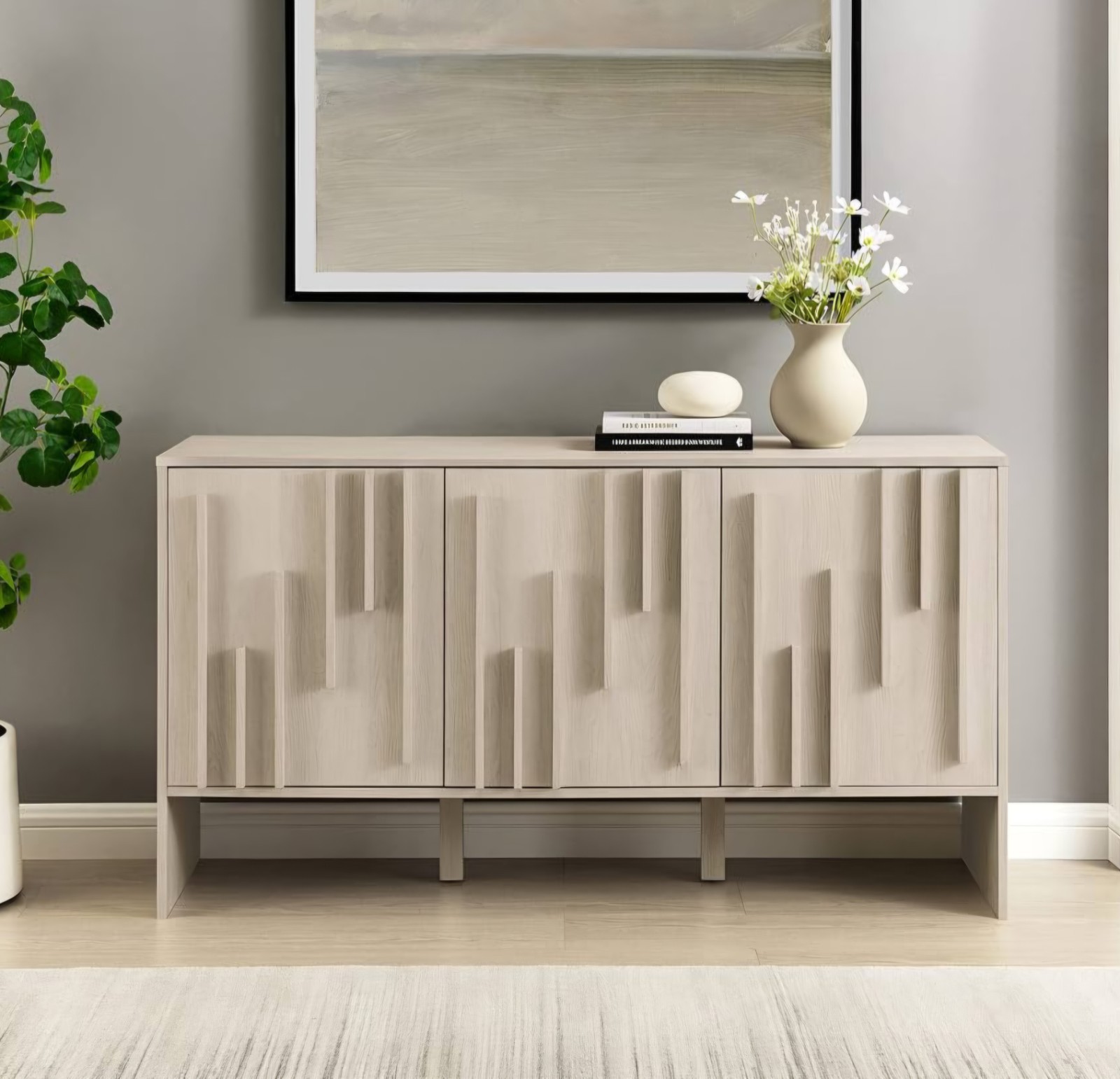 Modern Ivory Oak Sideboard, Console, Contemporary Vertical Detail, Storage, Door