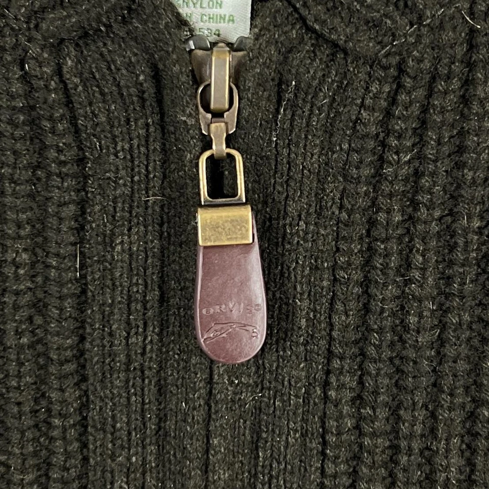 Orvis Sweater Mens Medium Dark Brown Full Zip Ribbed Lambswool Mock Neck Knit - Image 4 of 4