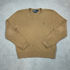 Polo Ralph Lauren Sweater Mens Large Tan 100 Lambswool V Neck Pony Pullover