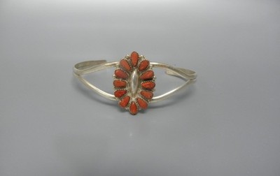 NATIVE AMERICAN ZUNI SILVER & CORAL PETIT POINT BRACELET MFC MARY & FELIX CHAVEZ