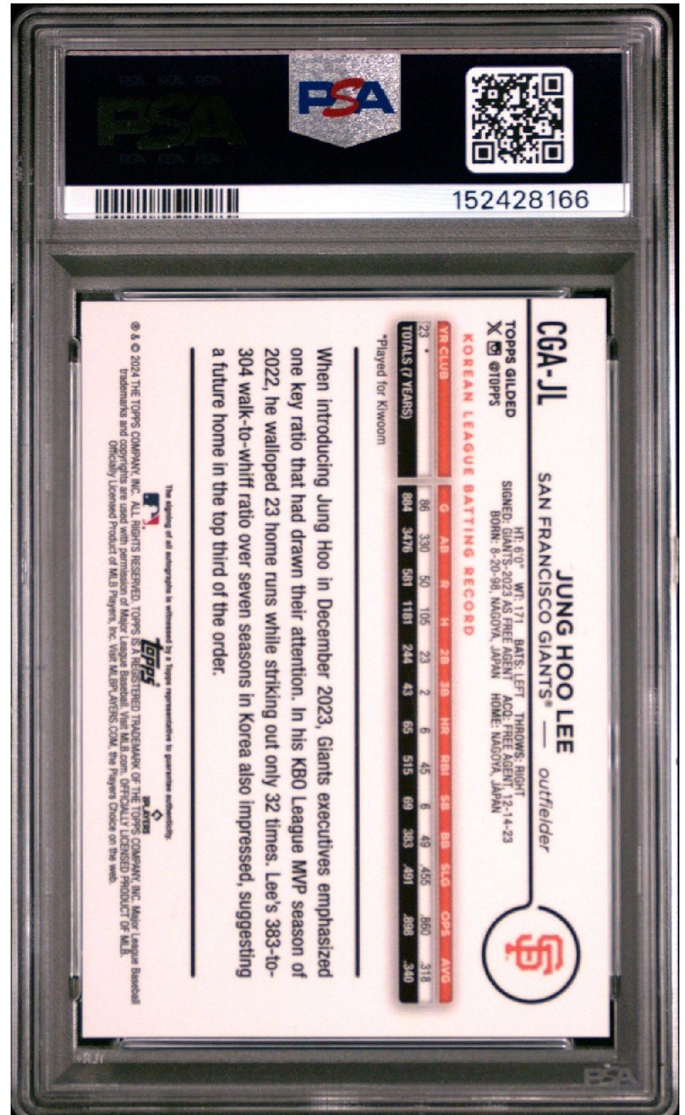 2024 Topps Chrome Gilded Collection Jung Hoo Lee Rookie AUTO Gold /99 - PSA 10 view 2