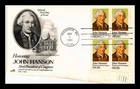 DR JIM STAMPS US COVER JOHN HANSON CONTINENTAL CONGRESS FDC PLATE BLOCK