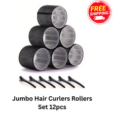 Jumbo Hair Curlers Rollers Set 12pcs Heatless Self Grip Rollers Clips
