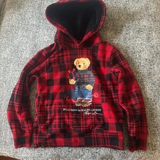 Polo Ralph Lauren Polo Bear Hoodie Kids 8 Red Black Plaid Teddy Fleece Lined