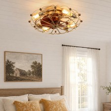 20'' Modern Caged Ceiling Fan with LED Light Gold Flush Mount Remote Control Kit