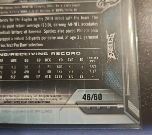 2015 TOPPS DARREN SPROLES RED SPARKLE FOIL /60 PHILADELPHIA EAGLES LEGEND! - Picture 3 of 3