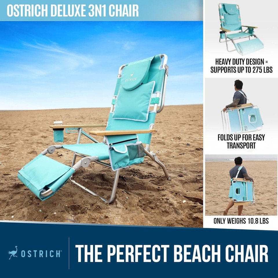 Ostrich Altitude 3N1 High Back Beach Lounge Chair - Lightweight Reclining Chair With Footrest For Patio, Beach, Backyard (Blue Stripe)