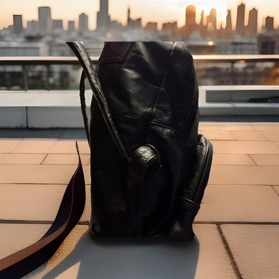 Mochila Nike vintage de cuero genuino de los años 80/90 negra con Swoosh blanco * cremallera rota Foto 3 de 4