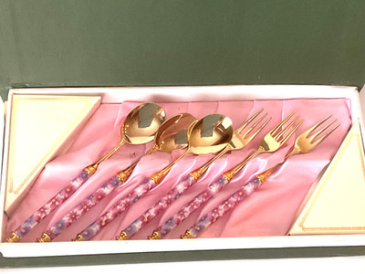Set of 6  18-10 Gold Tone & Enamel Stainless Appetizer Spoons and Forks Baek San