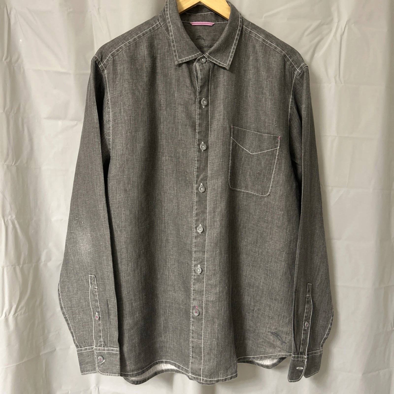 Tommy Bahama Men’s Large Long Sleeve Shirt Linen Grey Collar Quiet Luxury Resort
