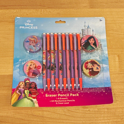 Disney Princess Eraser Pencil Pack 10 Mechanical Pencils 0.7mm Lead w/ 6 Erasers