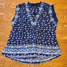 Lucky Brand S Navy Blue Floral Boho Pintuck Tie Neck Sleeveless Boho Top hi/low