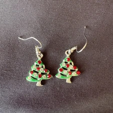 Green Chrismas Tree Earrings with Red & Silver Rhinestones 1-1/2" PRETTY!