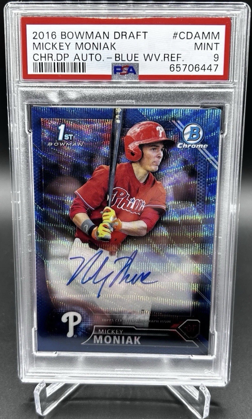 Mickey Moniak Auto 2016 Bowman Chrome Draft Picks Blue Wave Refractor /150 PSA 9