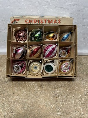 Vtg MERCURY GLASS CHRISTMAS 12 ORNAMENTS INDENTS TEAR DROP FANTASIA POLAND READ